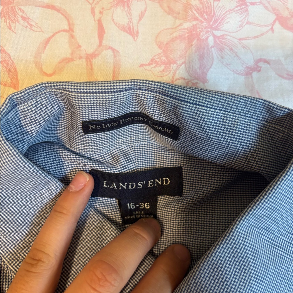 Lands' End Blue Dress Shirt with Subtle Checkered Pattern